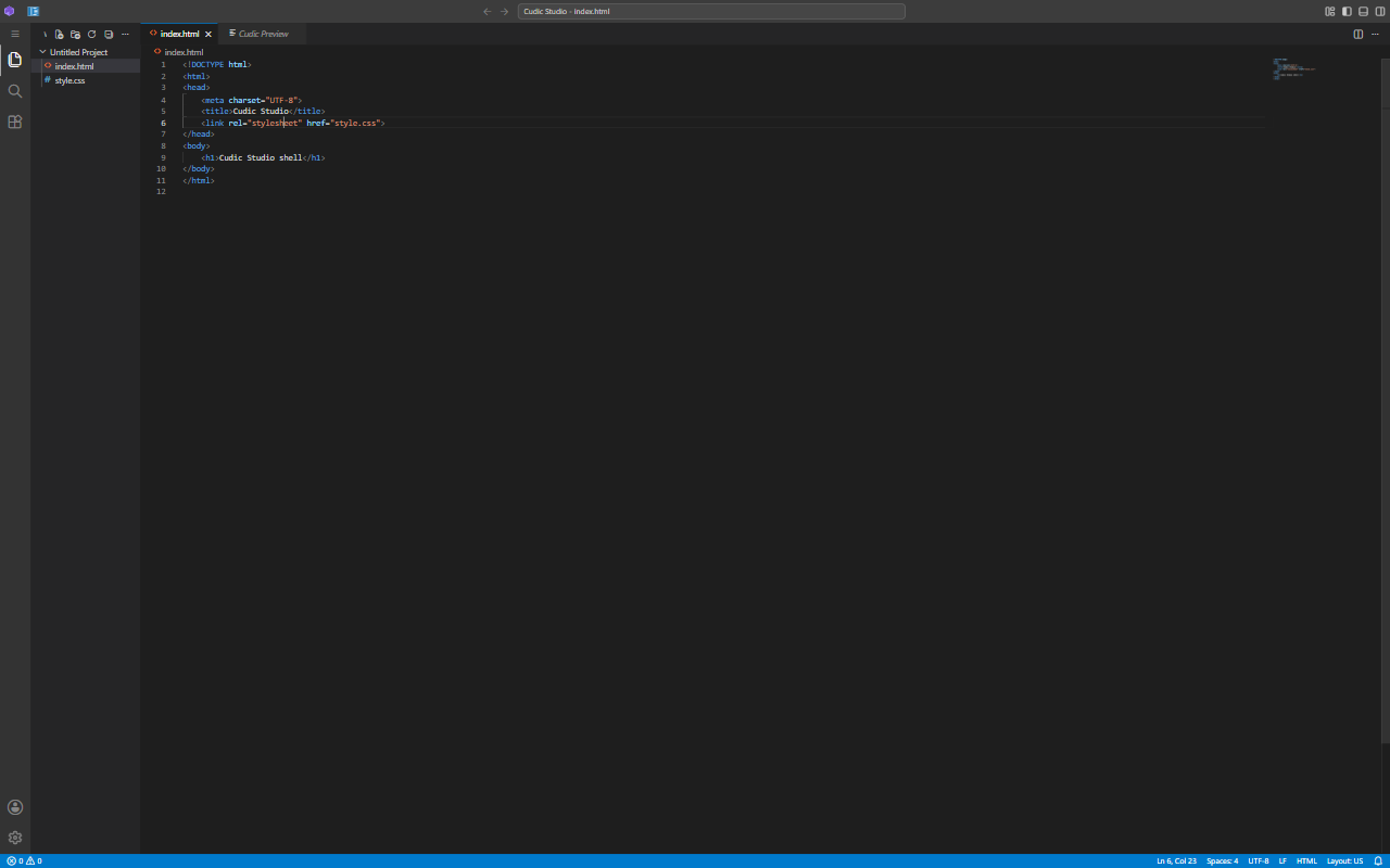 The Cudic Studio workbench showing a file explorer, an HTML file open in the editor and a status bar