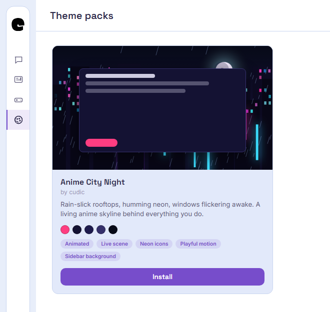 The Cudic theme pack store showing the Anime City Night pack with an install button